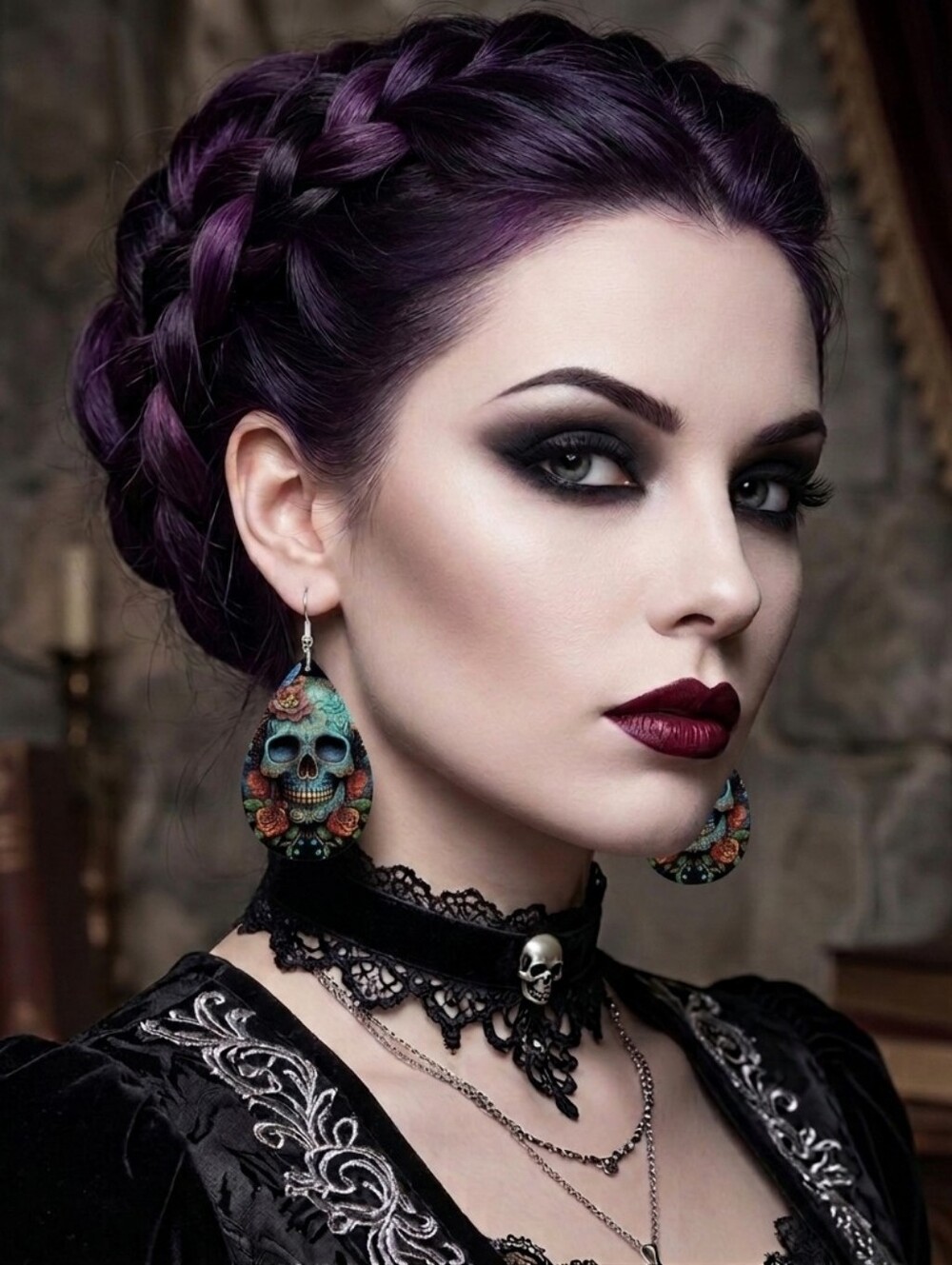 Gorgeous Blue Skull with Flower Print Teardrop Dangle Earrings Gothic Faux Leath